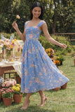 Square Neck Sheath Chiffon Blue Ruched Floral Printed Midi Wedding Guest Dress