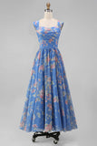 Square Neck Sheath Chiffon Blue Ruched Floral Printed Midi Wedding Guest Dress