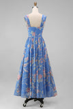 Square Neck Sheath Chiffon Blue Ruched Floral Printed Midi Wedding Guest Dress