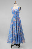 Square Neck Sheath Chiffon Blue Ruched Floral Printed Midi Wedding Guest Dress