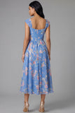 Square Neck Sheath Chiffon Blue Ruched Floral Printed Midi Wedding Guest Dress