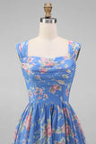 Square Neck Sheath Chiffon Blue Ruched Floral Printed Midi Wedding Guest Dress