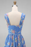 Square Neck Sheath Chiffon Blue Ruched Floral Printed Midi Wedding Guest Dress