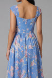 Square Neck Sheath Chiffon Blue Ruched Floral Printed Midi Wedding Guest Dress