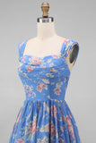 Square Neck Sheath Chiffon Blue Ruched Floral Printed Midi Wedding Guest Dress