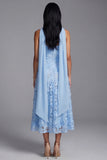 Blue Strapless A-Line Appliqued Floral Midi Wedding Guest Dress with Neck Scarf