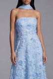 Blue Strapless A-Line Appliqued Floral Midi Wedding Guest Dress with Neck Scarf