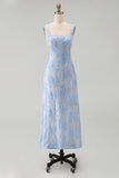 Square Neck A Line Blue Floral Maxi Wedding Guest Dress