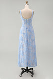 Square Neck A Line Blue Floral Maxi Wedding Guest Dress