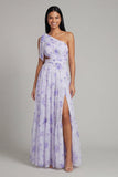 One Shoulder Lilac Tulle Printed Floral A-Line Maxi Dress with Slit