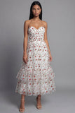 Sweetheart Champagne Tulle Appliqued Floral A-Line Midi Dress