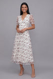 White Pink Flower A-Line Tulle V-Neck Floral Midi Dress with Short Sleeves