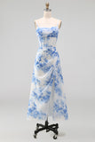 White Blue Flower Chiffon Corset Ruched Sheath Midi Dress with Slit