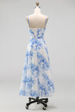 White Blue Flower Chiffon Corset Ruched Sheath Midi Dress with Slit