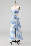 White Blue Flower Chiffon Corset Ruched Sheath Midi Dress with Slit