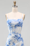 White Blue Flower Chiffon Corset Ruched Sheath Midi Dress with Slit