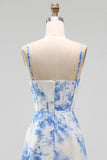 White Blue Flower Chiffon Corset Ruched Sheath Midi Dress with Slit