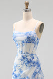 White Blue Flower Chiffon Corset Ruched Sheath Midi Dress with Slit