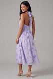 Lilac Chiffon Halter Neck Ruched Sheath Floral Midi Dress with Bow