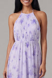 Lilac Chiffon Halter Neck Ruched Sheath Floral Midi Dress with Bow