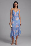 Blue Sheath Printed Floral Chiffon Asymmetrical Midi Dress