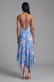 Blue Sheath Printed Floral Chiffon Asymmetrical Midi Dress
