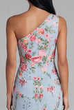 Blue Pink Flower Tulle One Shoulder Sheath Floral Midi Dress