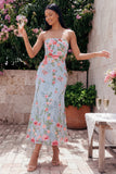 Blue Pink Flower Tulle Strapless Sheath Floral Midi Dress