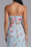 Blue Pink Flower Tulle Strapless Sheath Floral Midi Dress