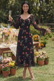 Black Tulle V-Neck Sheath Long Sleeves Printed Floral Wedding Guest Dress