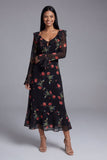 Black Tulle V-Neck Sheath Long Sleeves Printed Floral Wedding Guest Dress