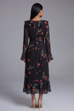 Black Tulle V-Neck Sheath Long Sleeves Printed Floral Wedding Guest Dress
