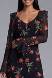Black Tulle V-Neck Sheath Long Sleeves Printed Floral Wedding Guest Dress
