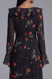 Black Tulle V-Neck Sheath Long Sleeves Printed Floral Wedding Guest Dress