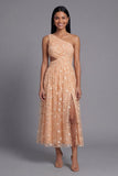 Orange One Shoulder Tulle Embroidered Floral Dress with Slit
