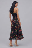 Chiffon Black Halter Neck Printed Sheath Floral Midi Dress