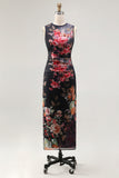 Tulle Black Bodycon Illusion Neck Printed Ruched Floral Wedding Guest Dress