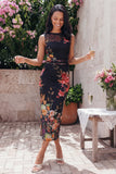 Tulle Black Bodycon Illusion Neck Printed Ruched Floral Wedding Guest Dress