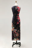 Tulle Black Bodycon Illusion Neck Printed Ruched Floral Wedding Guest Dress