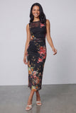 Tulle Black Bodycon Illusion Neck Printed Ruched Floral Wedding Guest Dress