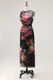 Tulle Black Bodycon Illusion Neck Printed Ruched Floral Wedding Guest Dress
