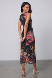 Tulle Black Bodycon Illusion Neck Printed Ruched Floral Wedding Guest Dress