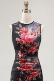 Tulle Black Bodycon Illusion Neck Printed Ruched Floral Wedding Guest Dress
