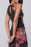Tulle Black Bodycon Illusion Neck Printed Ruched Floral Wedding Guest Dress