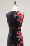 Tulle Black Bodycon Illusion Neck Printed Ruched Floral Wedding Guest Dress