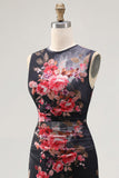 Tulle Black Bodycon Illusion Neck Printed Ruched Floral Wedding Guest Dress