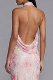 Sparkly White Pink Flower Bodycon Printed Floral Dress with Sequin