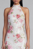 Sparkly White Pink Flower Bodycon Printed Floral Dress with Sequin