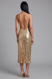Sparkly Halter Neck Gold Bodycon Backless Midi Sequin Dress with Slit