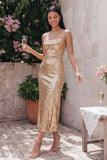 Sparkly Gold Bodycon Spaghetti Straps Midi Dress with Sequins